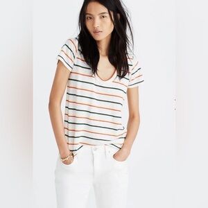 Madewell Women’s City Tee Walcott Green/Orange/Wht Stripe Shirt Sleeve SZ L